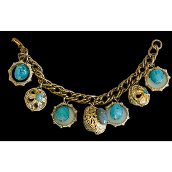 1950s Fun Vintage Blue Art Glass Crystal Pearl Chunky Charm BRACELET - Picture 6 of 9